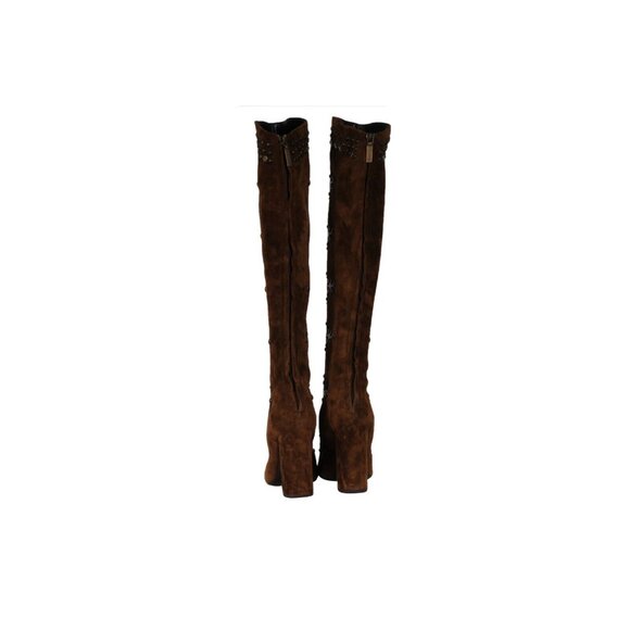 Saint Laurent Womens Ella Studded Knee Boots US 7 EU 37 Brown Suede - Picture 8 of 16